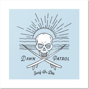 Dawn Patrol - Surf Or Die White Skull Insignia Posters and Art